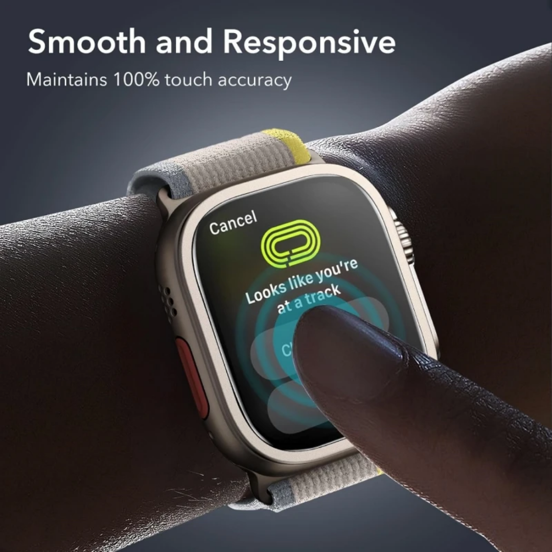 Pair of TitanGuard 9H Ultra Watch Covers for Apple Watch Ultra, emphasizing the durable titanium frame design.