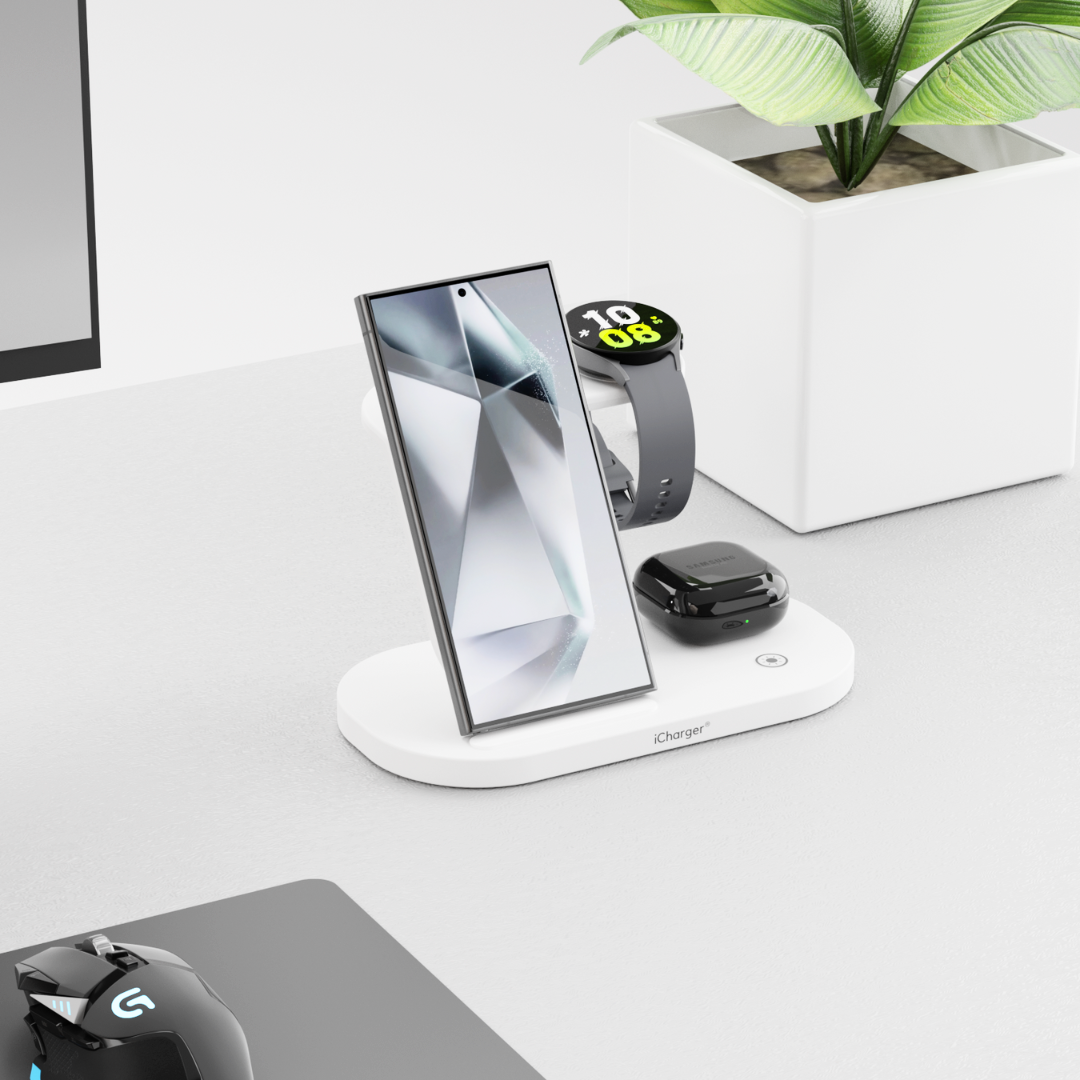 White iCharger Samsungs Pro 3-in-1 sleek white wireless charging station for Samsung, elegantly charging a smartphone, smartwatch, and earbuds with green LED indicator. 25W power adapter