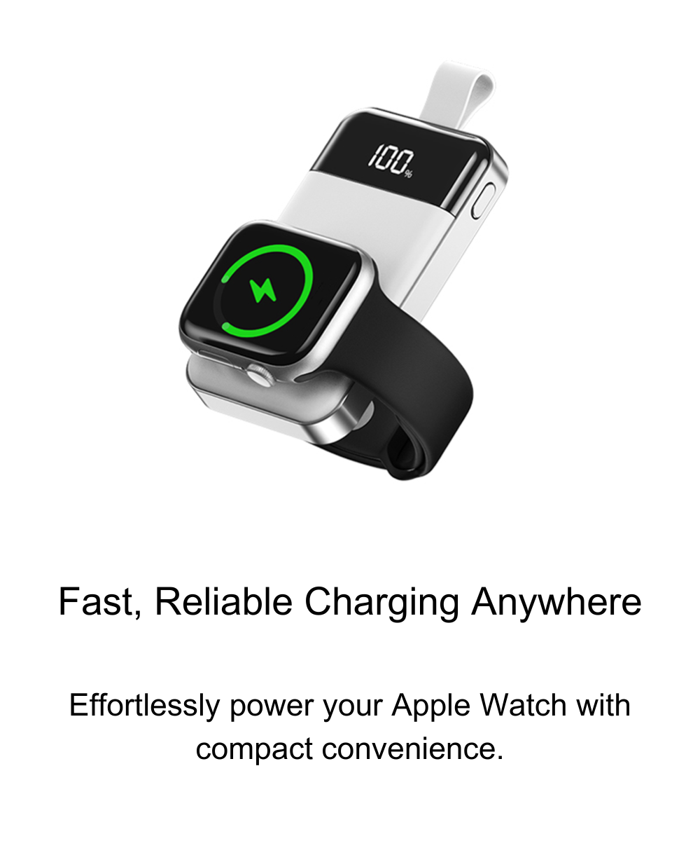 icharger microboost Compact Apple Watch wireless power bank with fast charging, 2000mAh capacity, and sleek digital display. Lightweight and perfect for travel or everyday use.