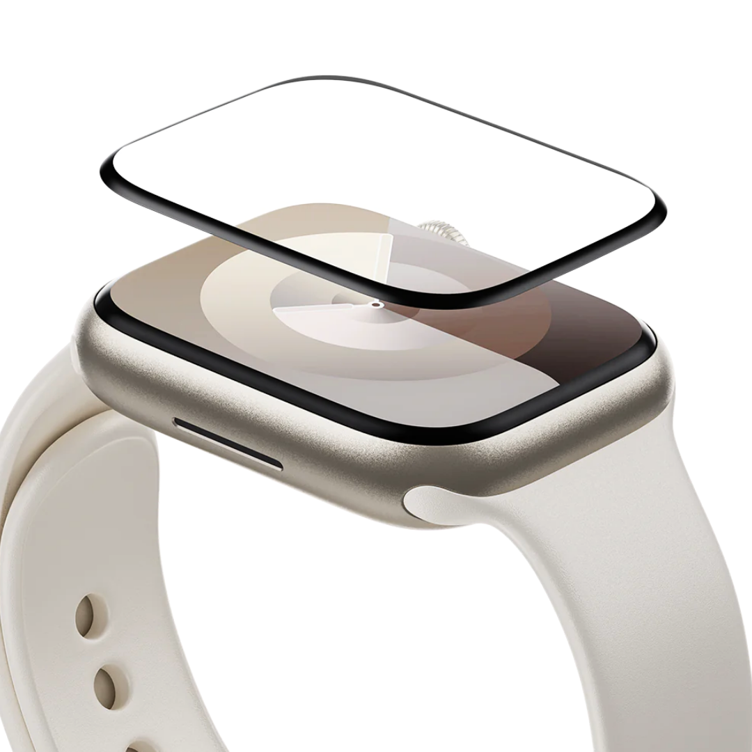 Set of three Apple Watch black screen protectors with water droplets, highlighting waterproof feature.