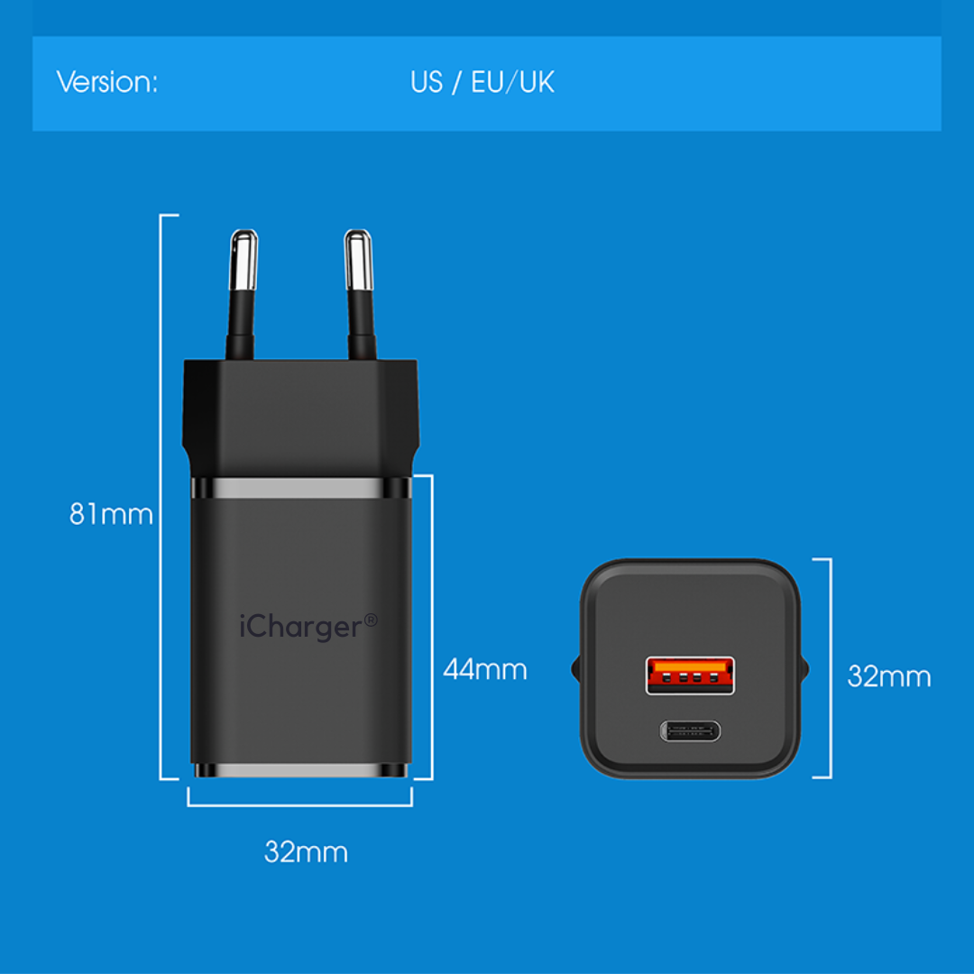 iCharger 35W PD QC 3.0 Fast Charging Adapter UK EU US Dual Port Charging PD 35W  Belkin Apple iPhone Samsung Samsung galaxy Wall Plug Power adapter