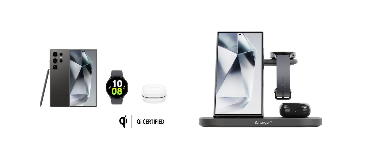 Samsung smartphone, smartwatch, earbuds, and stylus displayed with Qi-certified wireless charging pad indicating a modern technology ecosystem
