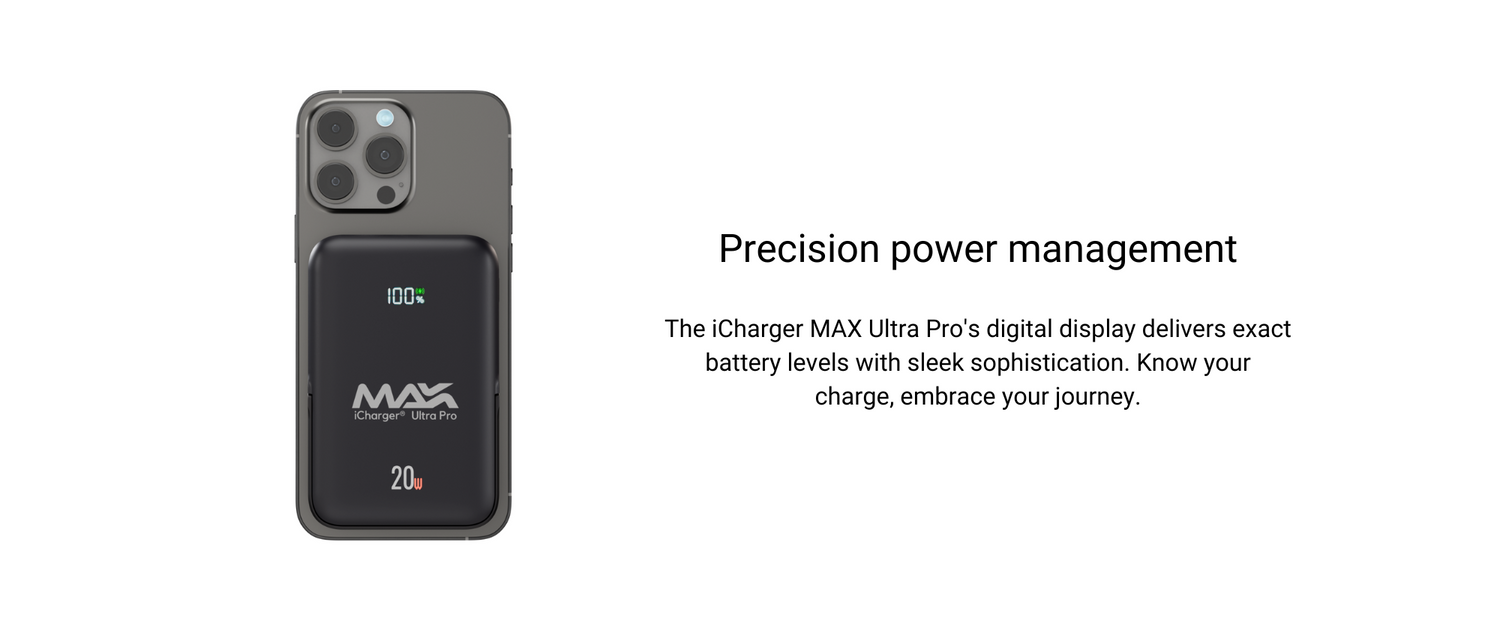 iCharger MAX Ultra Pro battery pack featuring a clear digital display for precise power management and sophisticated design, attached to smartphone.