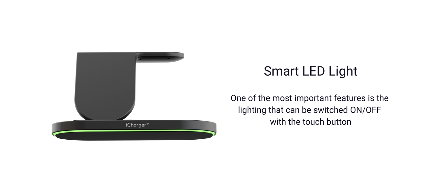 Smart LED light feature on iCharger wireless charging pad with a touch button for on/off control.