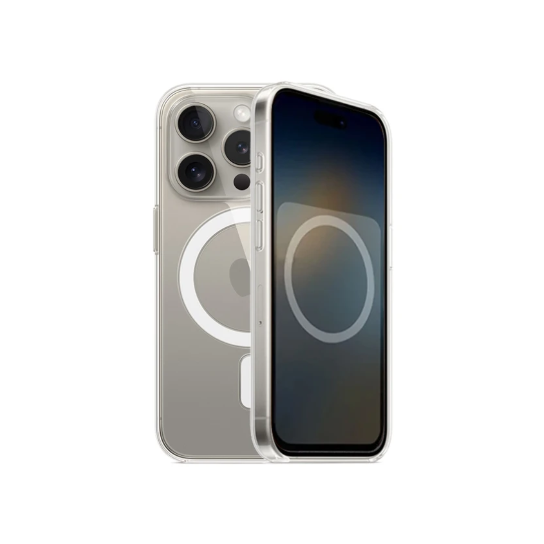 iPhone 15 pro with Clear MagSafe Case showcasing compatibility with JourneyMate Power Pack