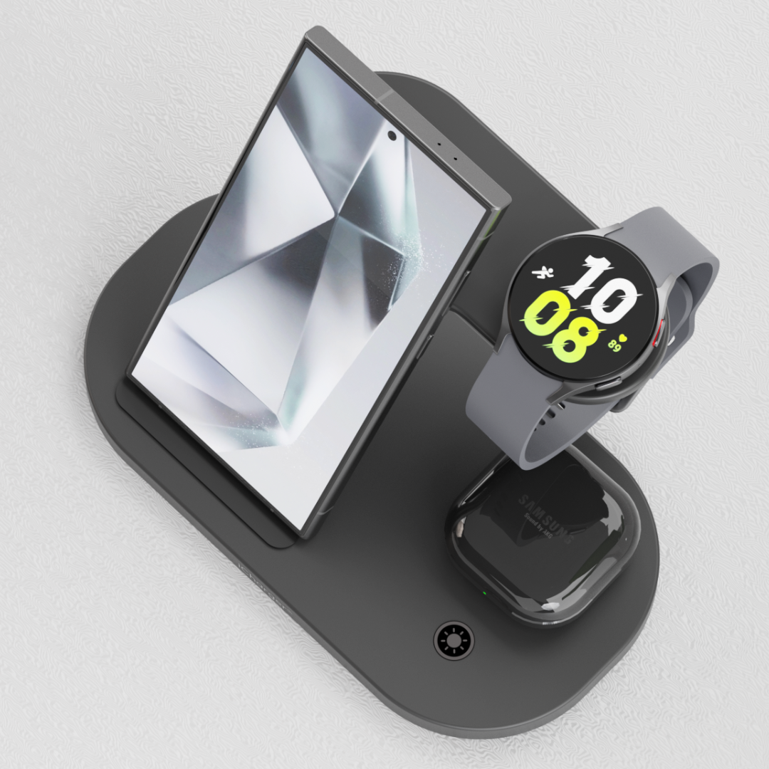 Top View iCharger Samsungs Pro 3-in-1 sleek white wireless charging station for Samsung, elegantly charging a smartphone, smartwatch, and earbuds with green LED indicator.