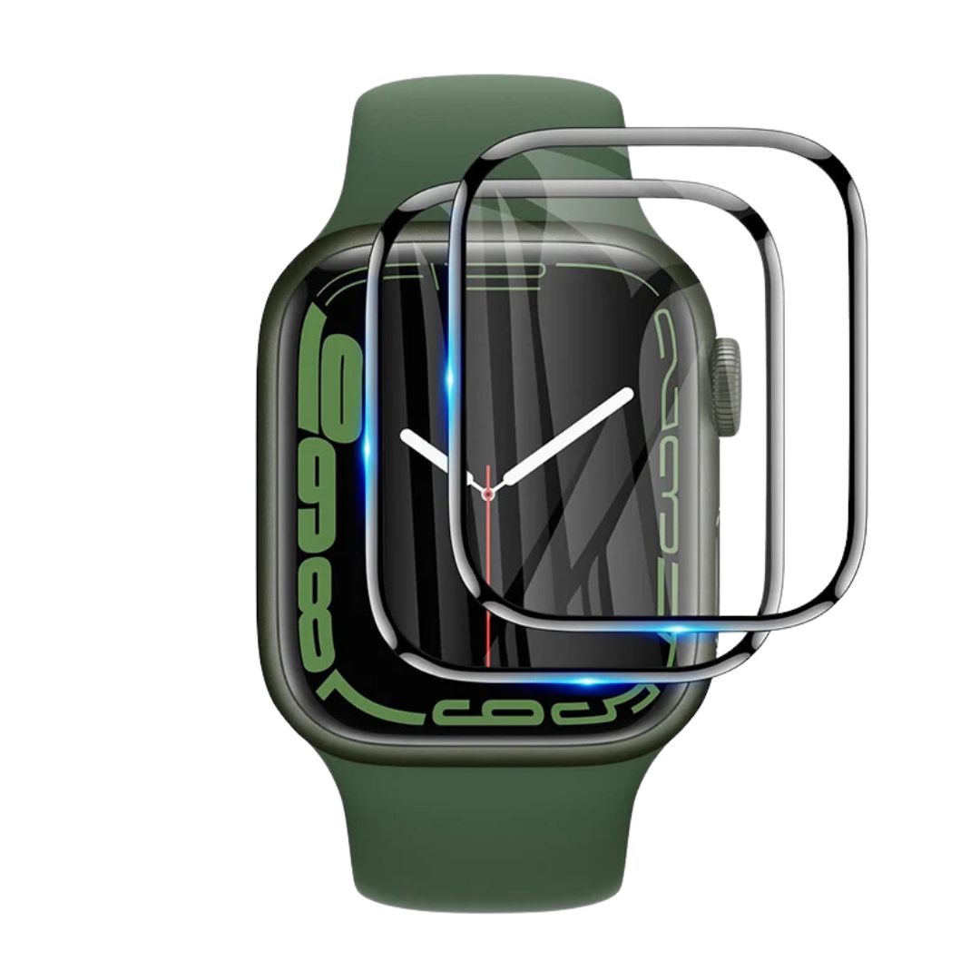Apple Watch with black edge-to-edge screen protector and two additional protectors floating above it.