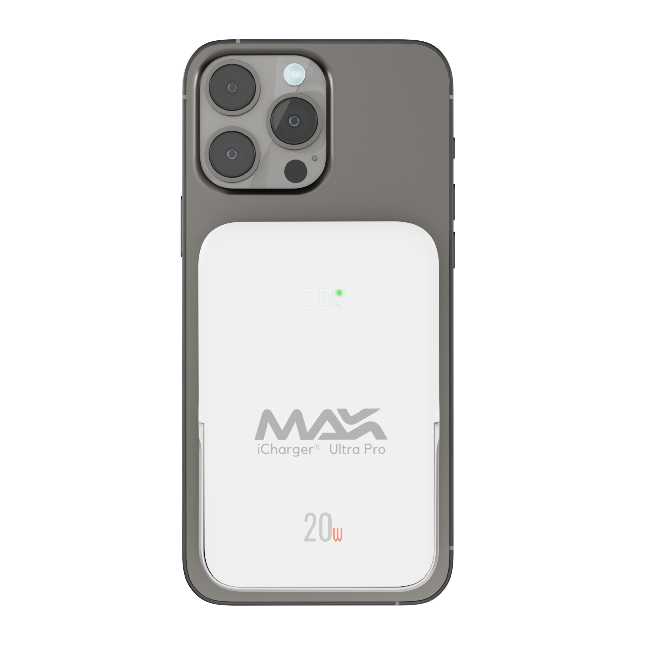 Witte iCharger MAX Ultra Pro 10.000mAh MagSafe compatibele draagbare batterij met zichtbare oplaadspoel, perfect voor efficiënt draadloos opladen