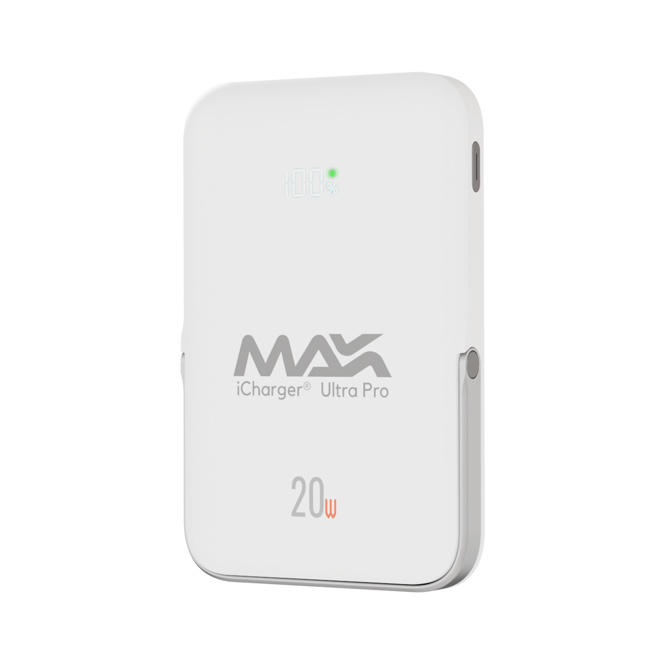 White iCharger MAX Ultra Pro 10,000mAh MagSafe compatible portable battery with visible charging coil, perfect for efficient wireless charging