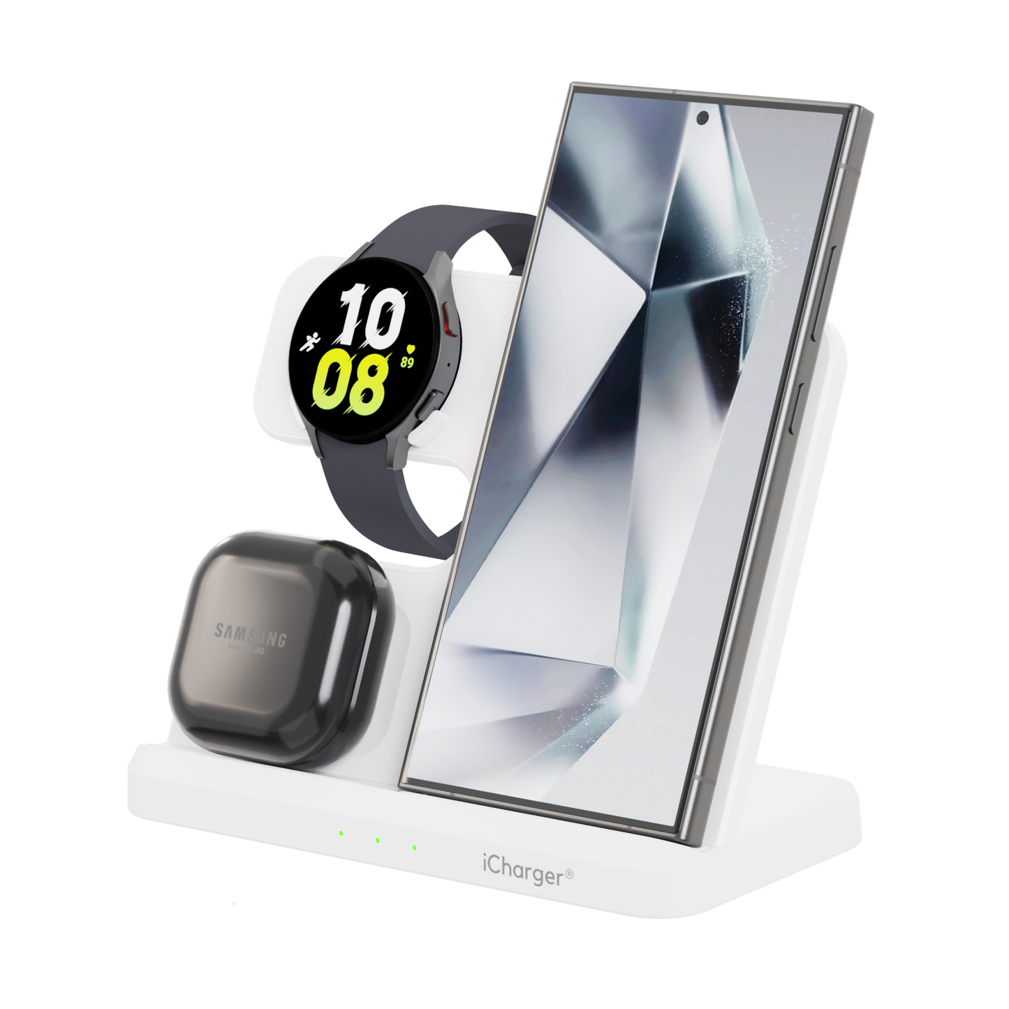 White iCharger Samsungs edition 3-in-1 Qi wireless charging station with a Samsung smartphone and smartwatch, elegant charging solution