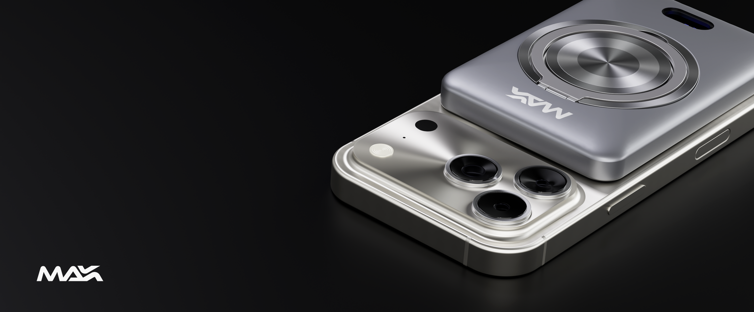 iPhone 17 pro max Smartphone with iCharger MAX Ultra branding powerbank on a black background