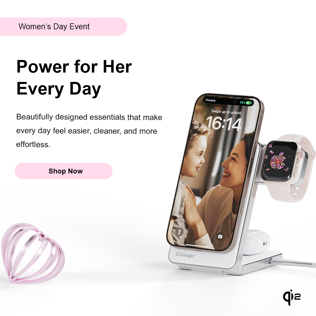 iCharger Women’s Day mobile banner showing a premium 3-in-1 wireless charger for iPhone, Apple Watch, and AirPods, promoting beautifully designed charging essentials for everyday use.