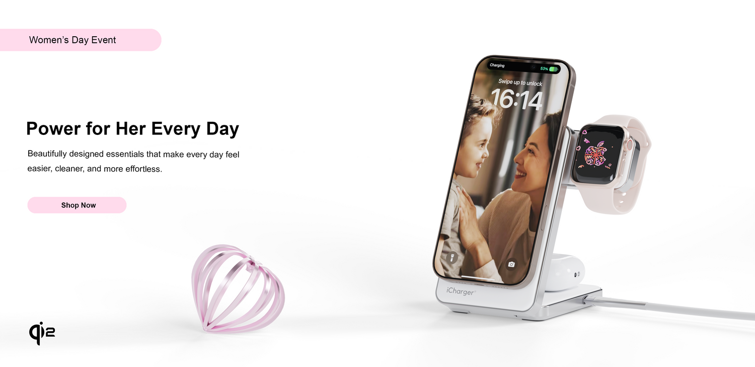 Women’s Day iCharger banner featuring a premium 3-in-1 wireless charging station for iPhone, Apple Watch, and AirPods, with beautifully designed everyday charging essentials and Women’s Day event promotion.