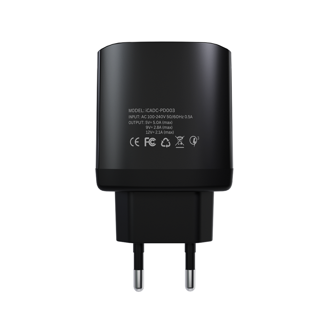 iCharger 25W Dual Port Adapter Black Side View - Durable and Compact Charging Adapter