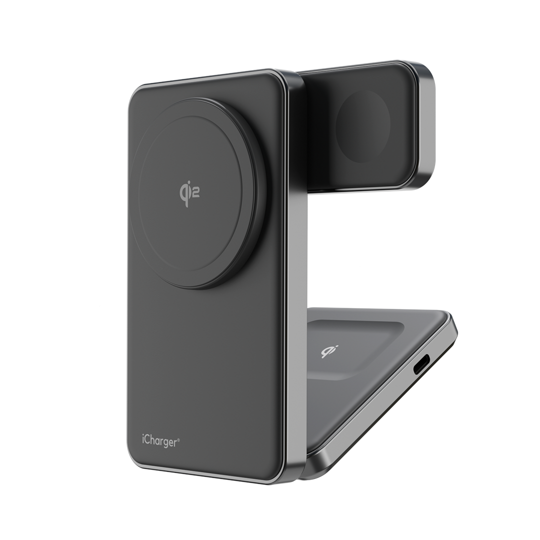 iCharger Ultra Slim Qi2 3-in-1 wireless charger in foldable travel design charging iPhone, Apple Watch, and AirPods with 15W Qi2 fast charging