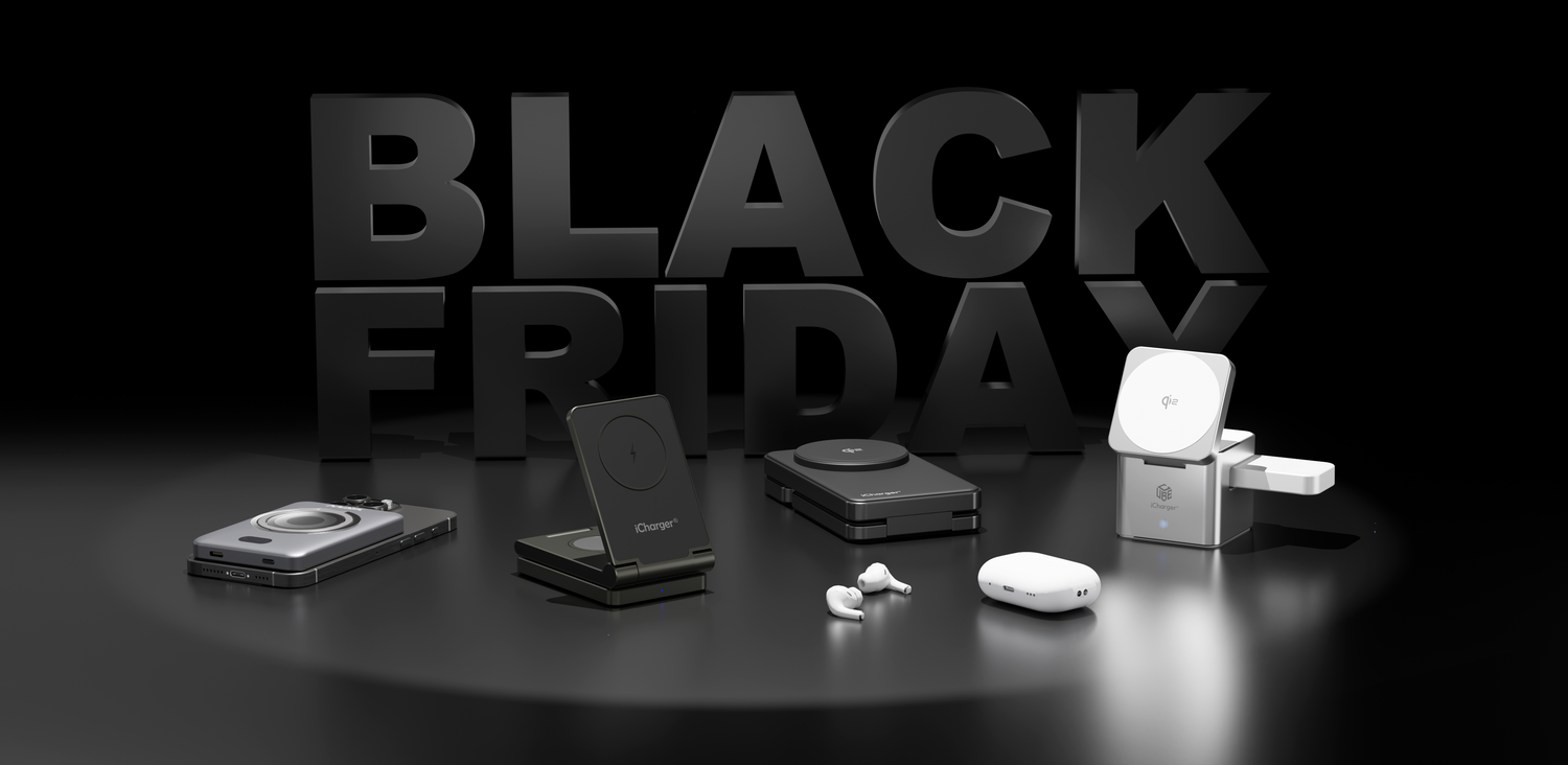 iCharger Black Friday banner with MagSafe & Qi2 wireless chargers, 3-in-1 charging dock, foldable travel charger and power bank for iPhone, Watch, AirPods
