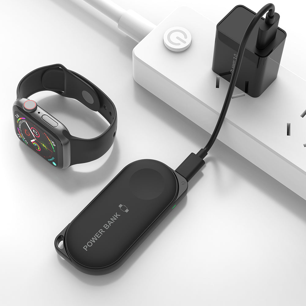 Black iCharger MicroBOOST Apple Watch wireless charger with Type-C adapter for fast charging