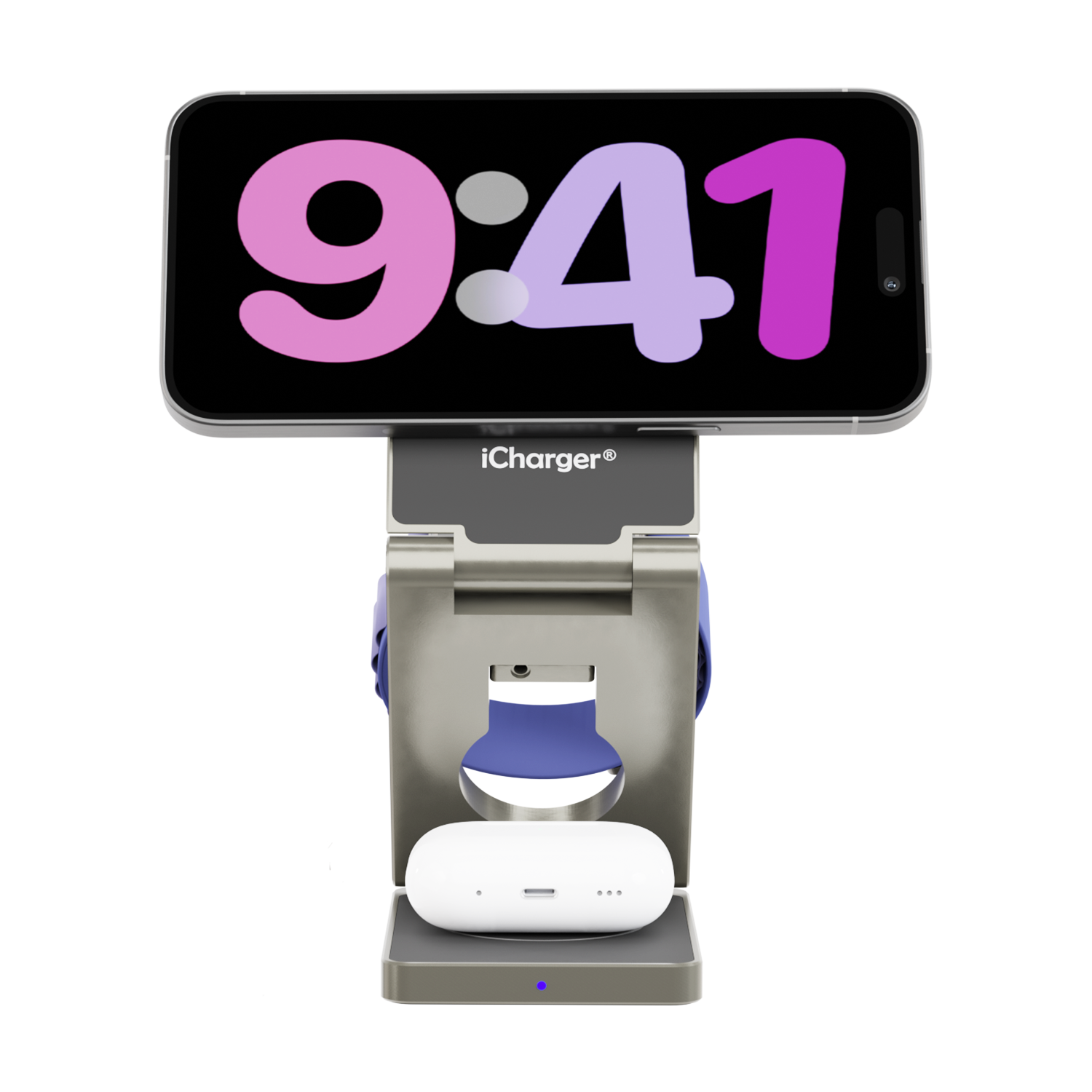 iOS 17 Stand By iPhone 15 Pro Max Titanium iCharger MagSafe Hybrid Pro 3-in-1 wireless charger showing 67% battery level, designed for Apple and Samsung devices with advanced Hybrid technology.