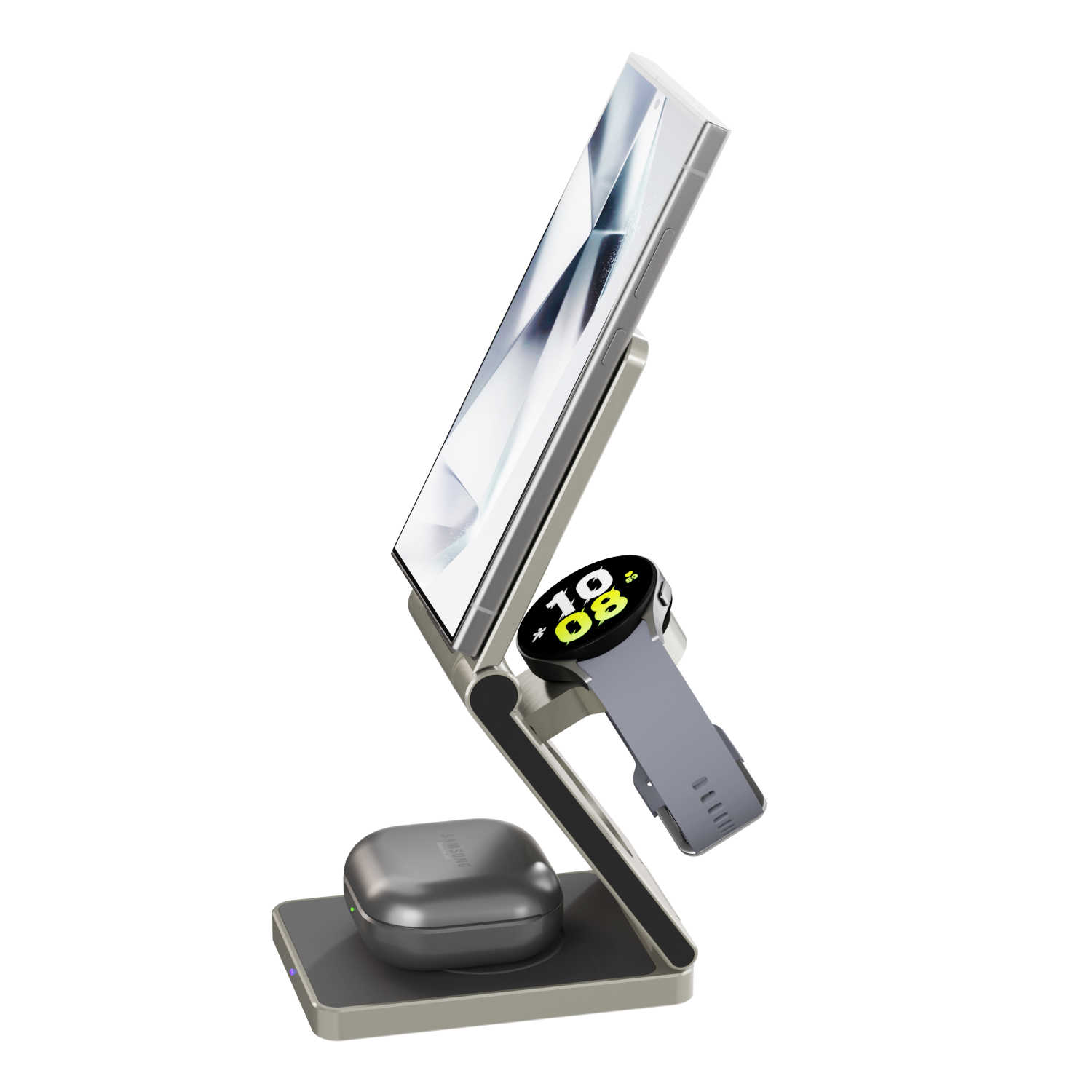 iCharger MagSafe Hybrid Pro wirelessly powering Samsung Galaxy Watch 6 and Galaxy Earbuds, featuring an elegant foldable design for efficient charging and device protection.