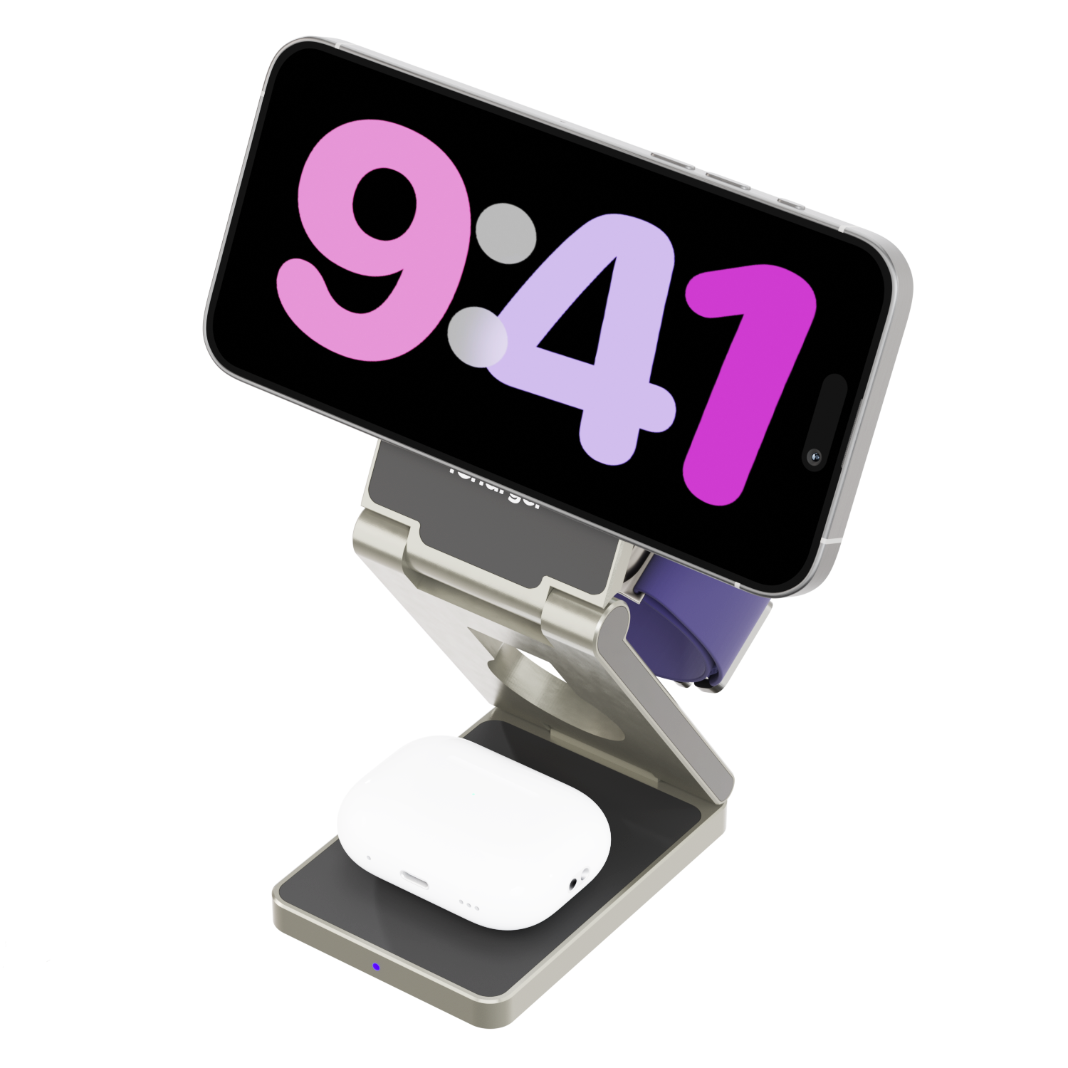 iCharger MagSafe Hybrid Pro with iPhone 15 Pro Max iOS17 Stand By mode displaying time, highlighting the convenience and elegance of the 3-in-1 wireless charging solution for the modern user.