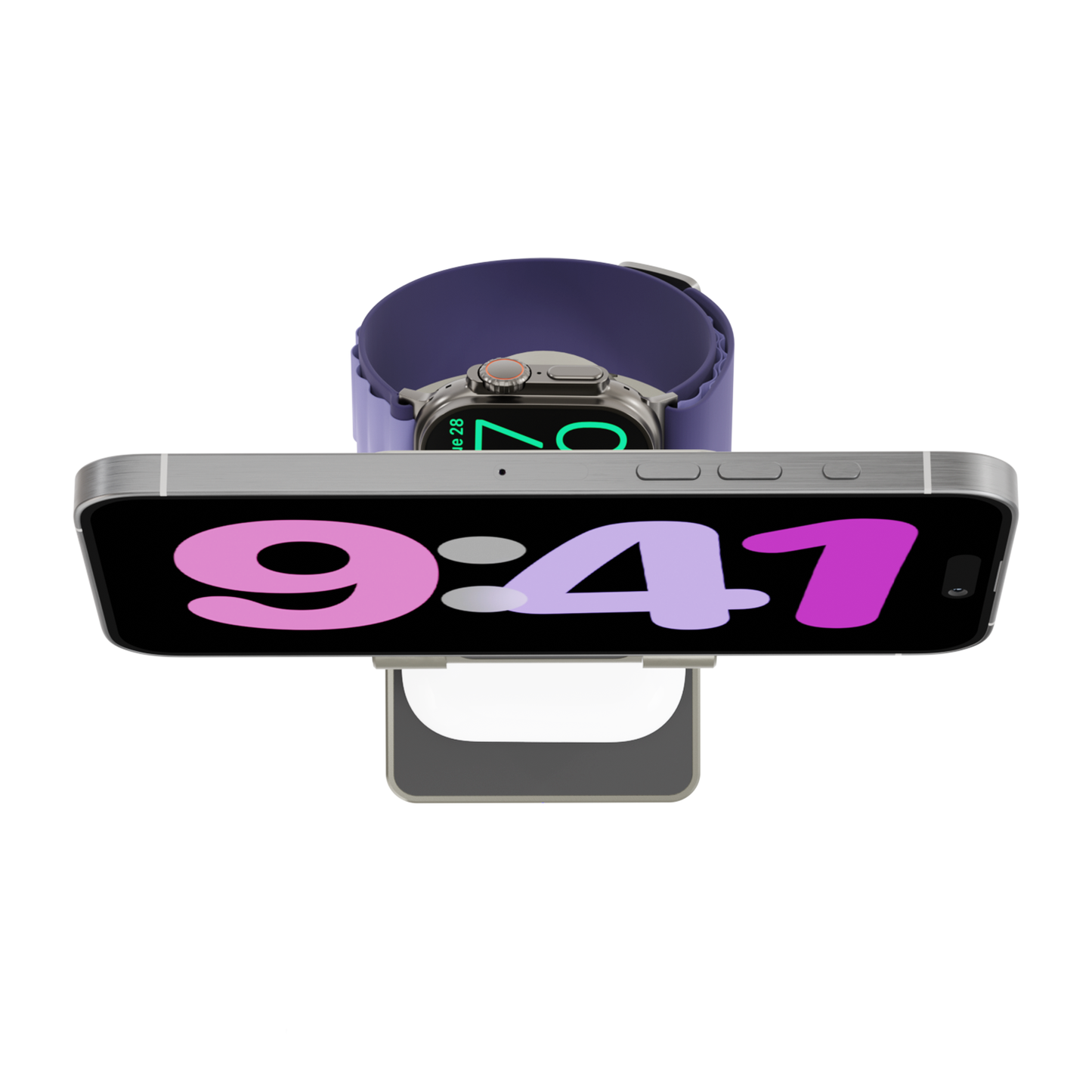 iOS 17 Stand By iPhone 15 Pro Max Titanium Top-down view of iCharger MagSafe Hybrid Pro charging Apple Watch, highlighting compact design and multi-device charging capability.