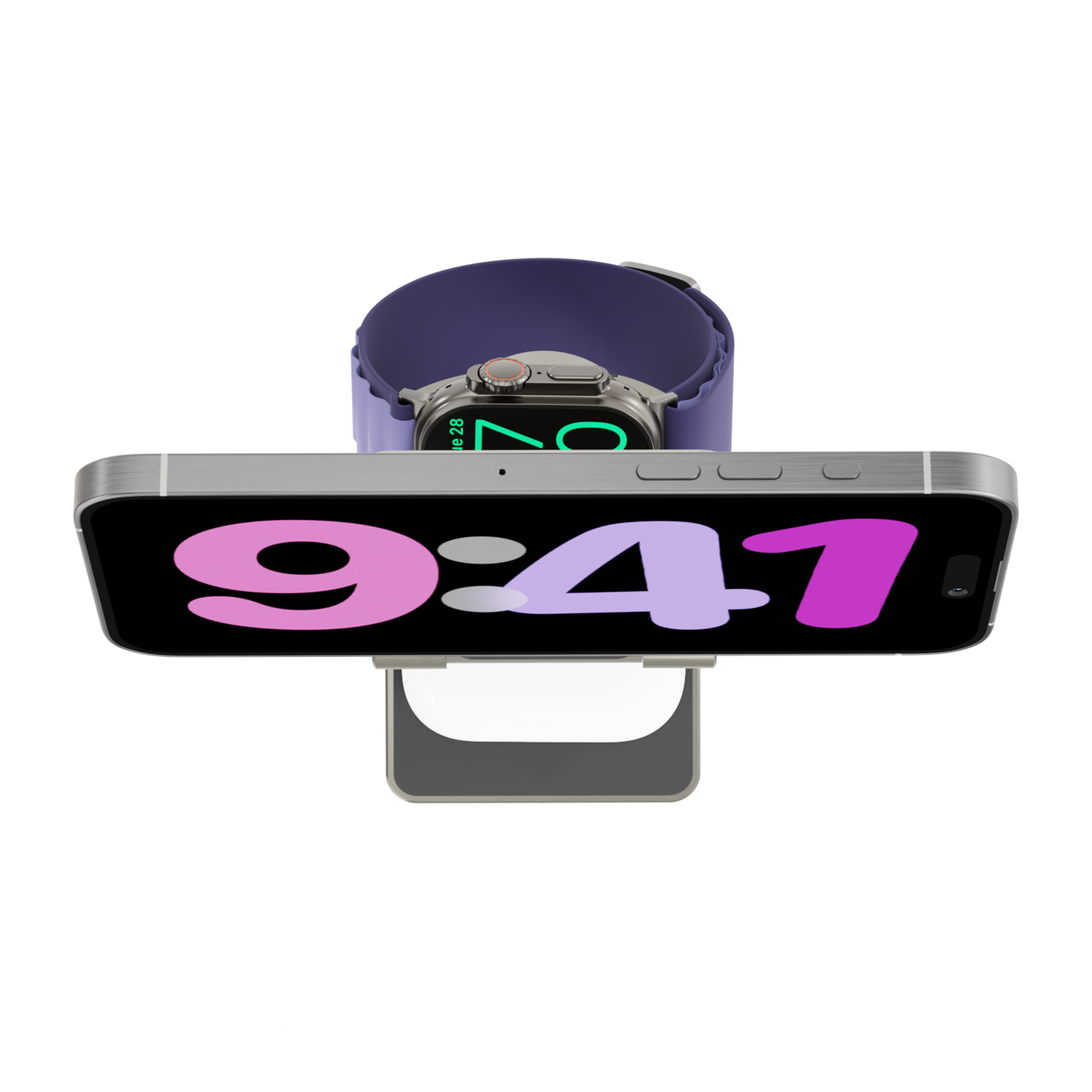 iOS 17 Stand By iPhone 15 Pro Max Titanium Top-down view of iCharger MagSafe Hybrid Pro charging Apple Watch, highlighting compact design and multi-device charging capability.