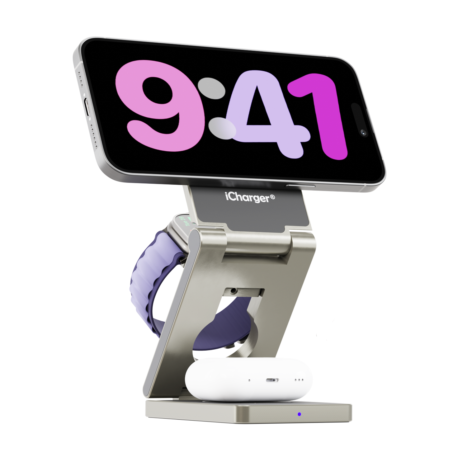 iOS 17 Stand By iPhone 15 Pro Max Titanium  iCharger MagSafe Hybrid Pro in use displaying time, versatile 3-in-1 wireless charging station compatible with Apple Watch, AirPods, and smartphones.