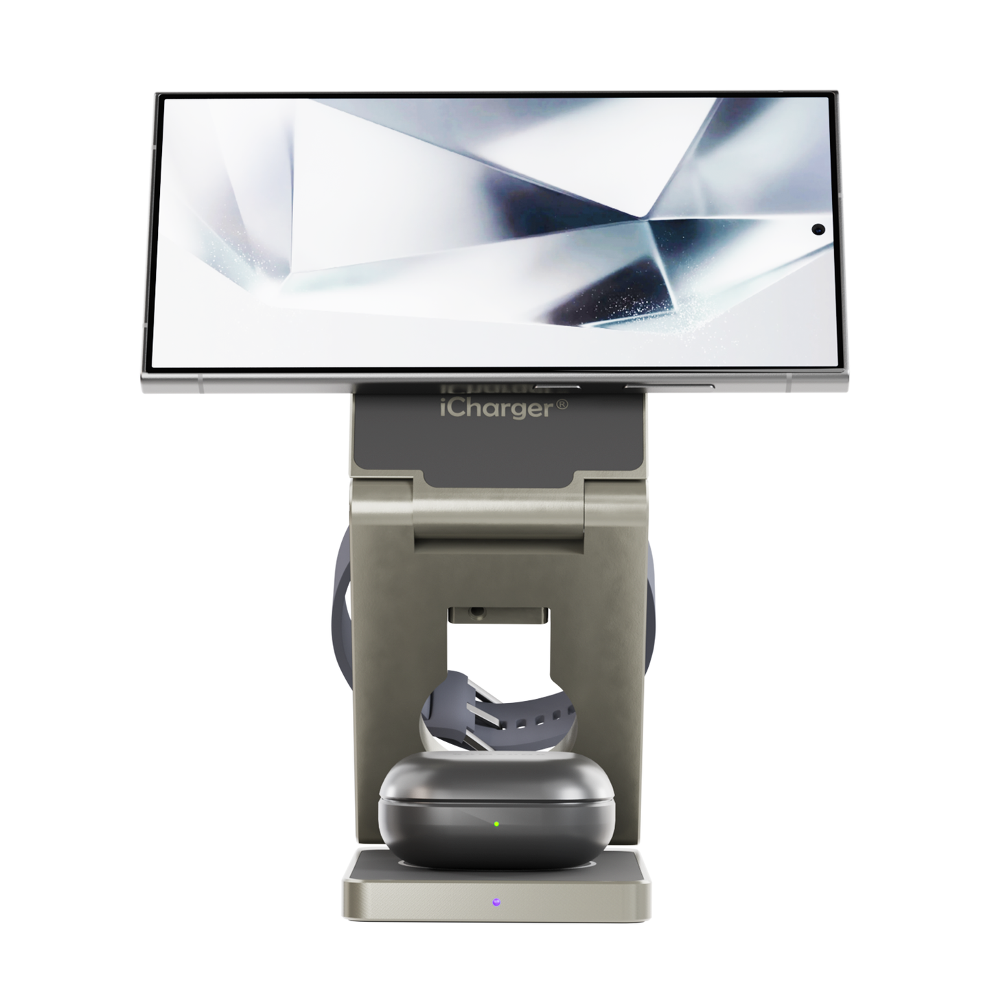 iCharger MagSafe Hybrid Pro with Samsung Galaxy S24 Ultra in landscape mode and Galaxy Watch 6, showcasing a versatile charging solution for Samsung devices with wireless convenience and a stylish, foldable design.