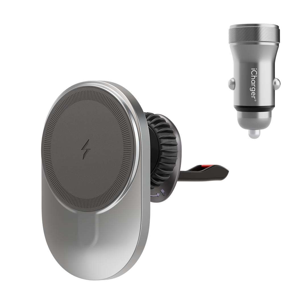 Close-up of iCharger C3 Ultra highlighting advanced safety features plus a 36W car charger plug