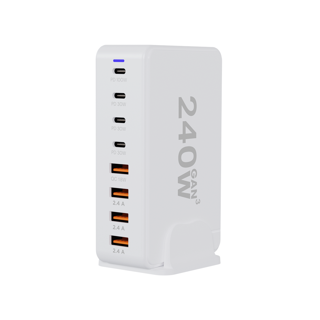 Angled view of iCharger 240W GaN3 Ultra Charging Station showcasing eight ports including PD and QC for efficient charging