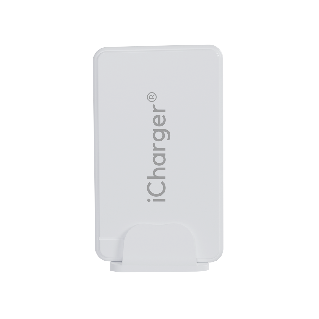 Side view of iCharger 240W GaN3 Ultra Charging Station with eight high-speed charging ports and power input