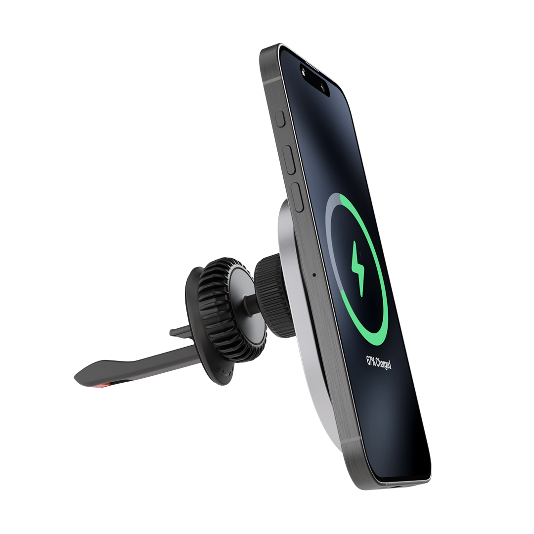 iPhone mounted on iCharger C3 Ultra MagSafe car mount wireless charger with charging status displayed