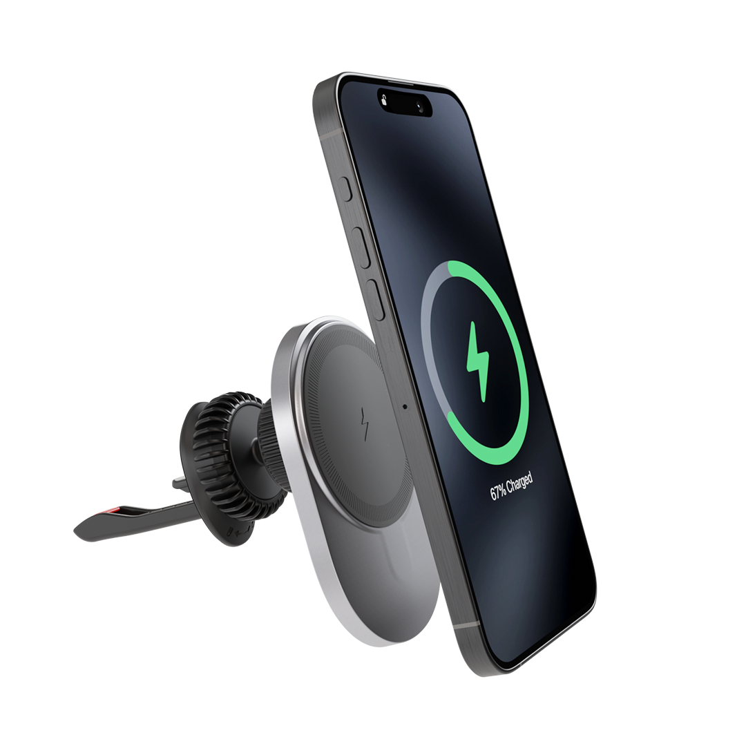 Close-up view of iCharger C3 Ultra MagSafe car mount wireless charger with mounting clip