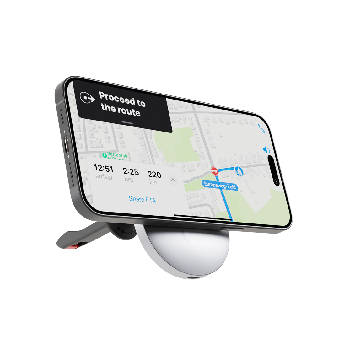 iPhone in landscape orientation on iCharger C3 Ultra MagSafe car mount wireless charger displaying navigation