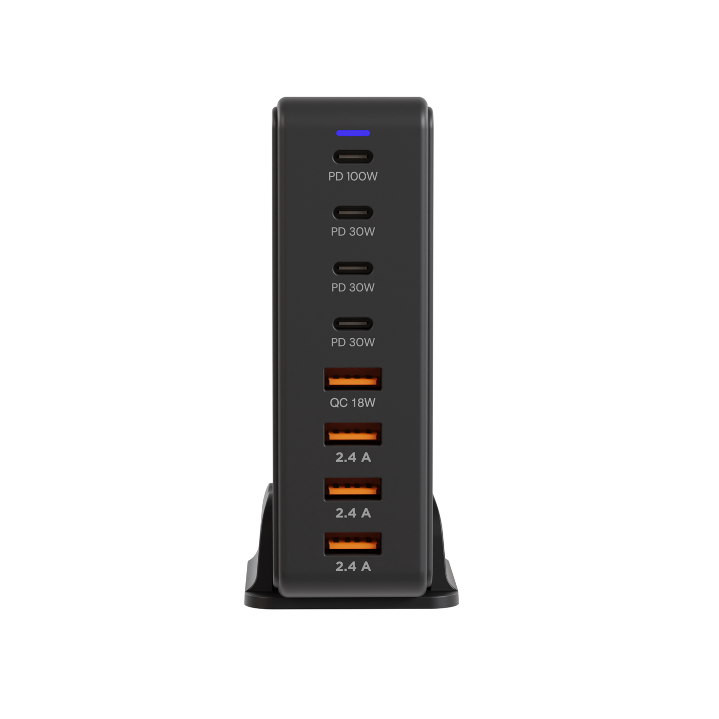 Close-up of iCharger GaN3 240W ultra charging station showcasing various USB ports and connected cables, highlighting its multi-device charging capabilities