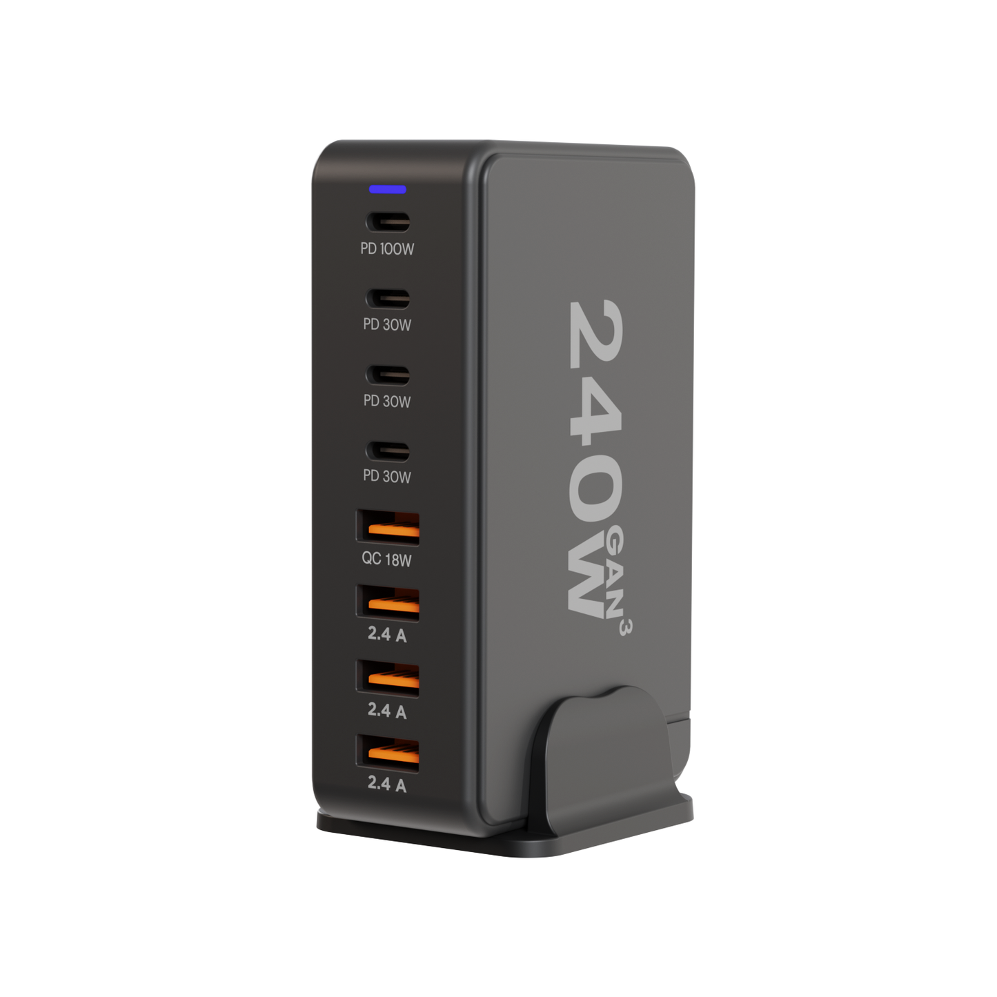 Top view of iCharger GaN3 240W ultra charging station with multiple devices connected, including a laptop, tablet, smartphone, and wireless earphones, demonstrating its high-power output
