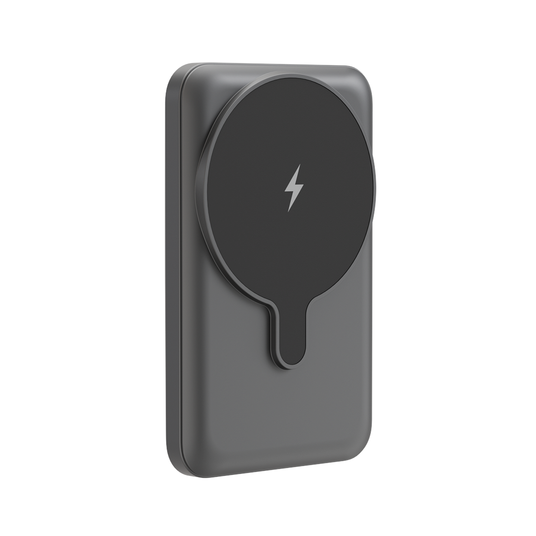 Close-up of the iCharger MAX Pro Magsafe Battery Pack's stand feature, highlighting the textured finish and branding for secure placement.