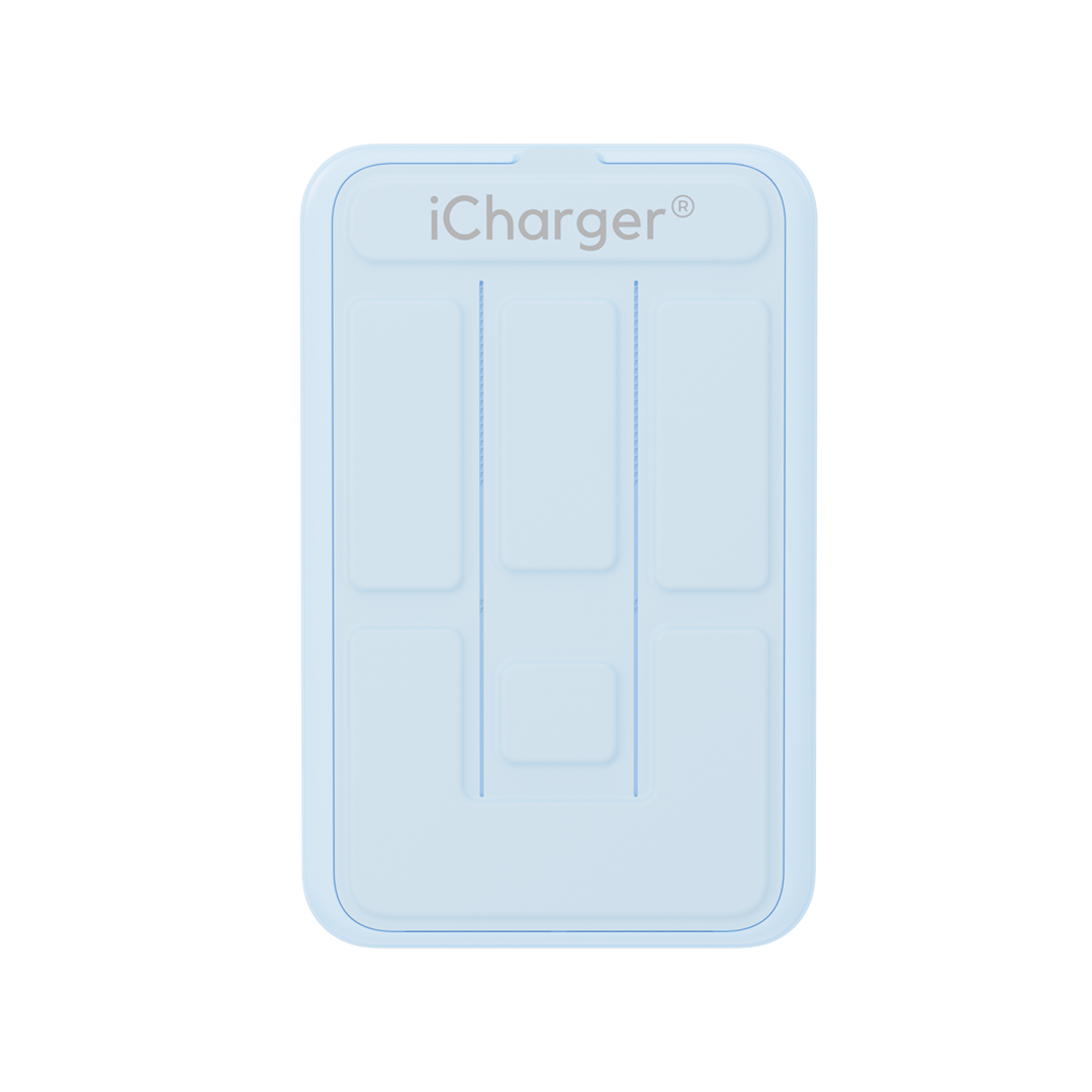 Back view of the blue iCharger MAX Pro, showing the non-slip texture and branding for a secure wireless charging experience.