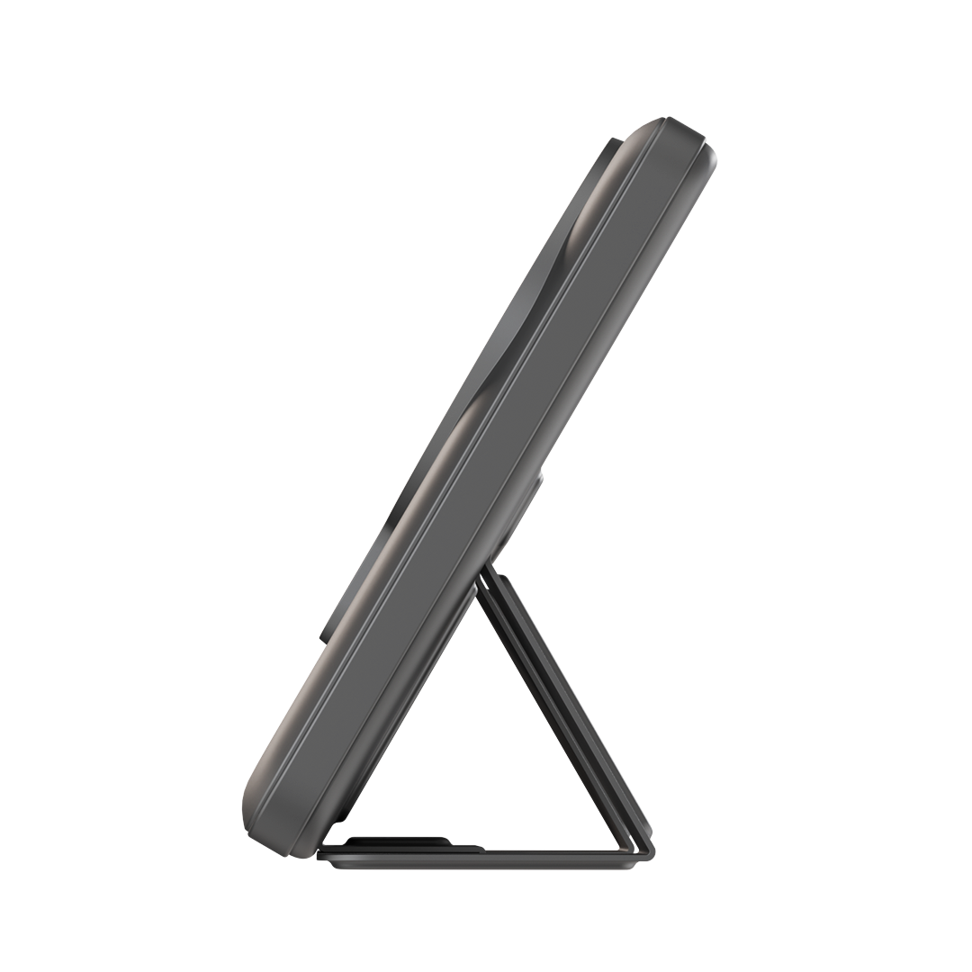 Smartphone in landscape orientation on iCharger MAX Pro Magsafe Battery Pack with stand, ideal for watching media while charging.