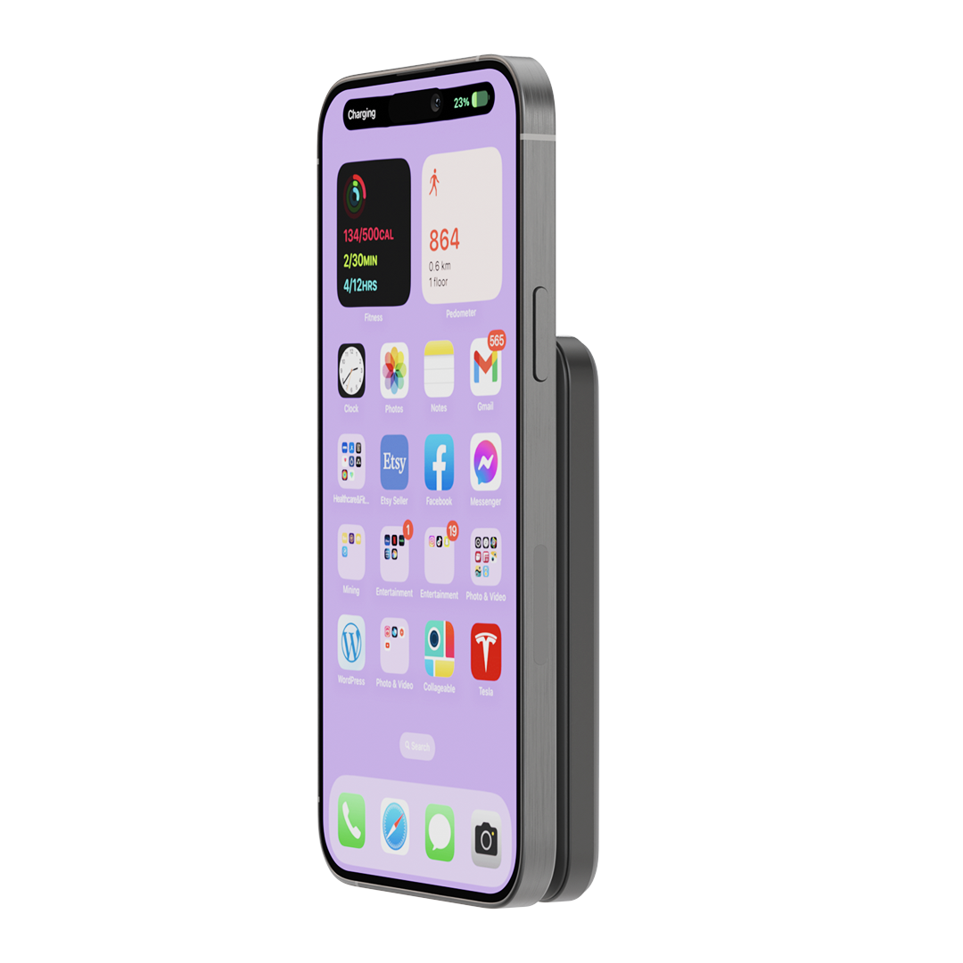 Smartphone mounted on iCharger MAX Pro Magsafe Battery Pack, showcasing the ease of attaching and charging with Magsafe technology.