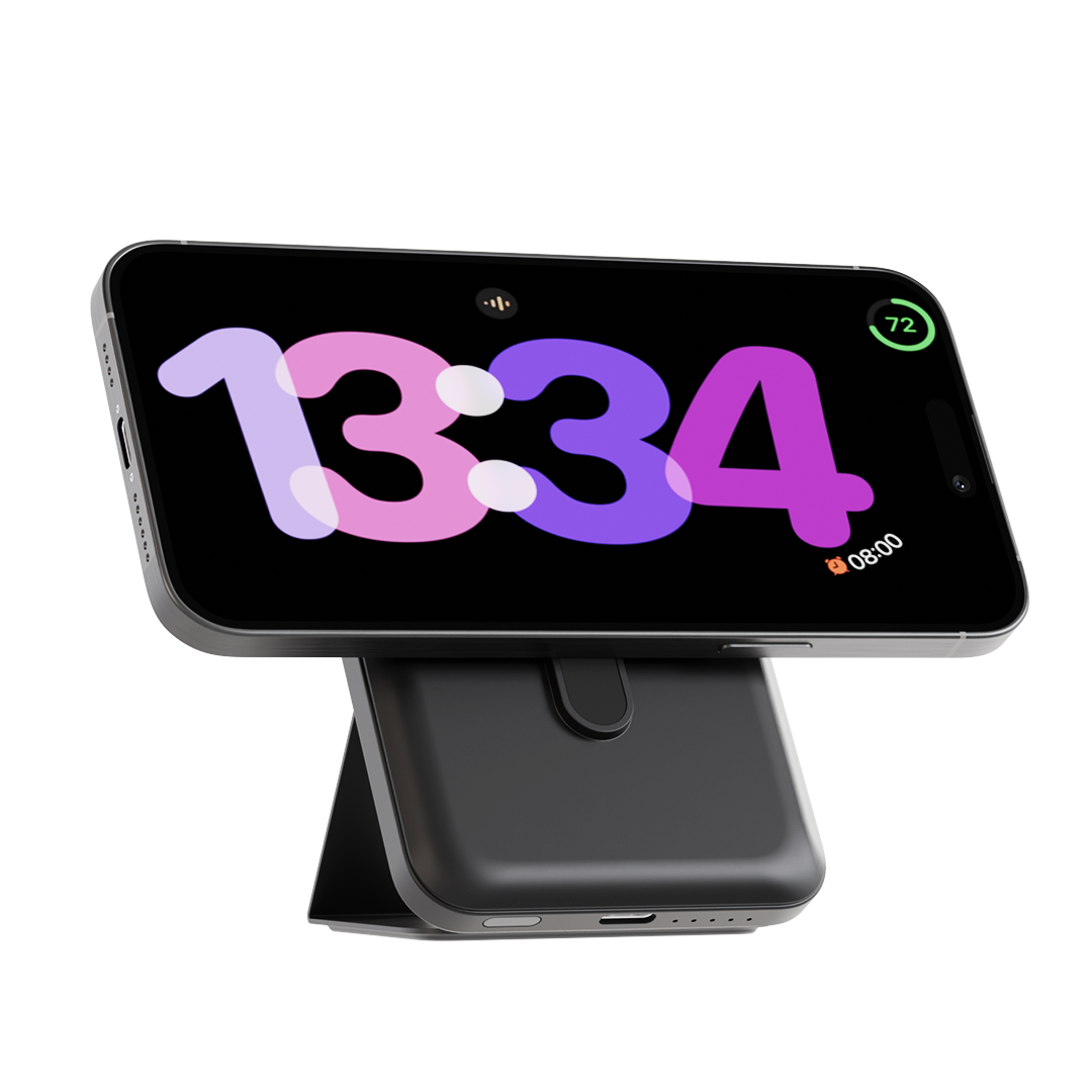 iOS 17 Stand By iPhone 15 Pro Max on a iCharger MAX Pro Magsafe Battery Pack with detailed battery cell layout and the branded text for smart, high-capacity portable charging.