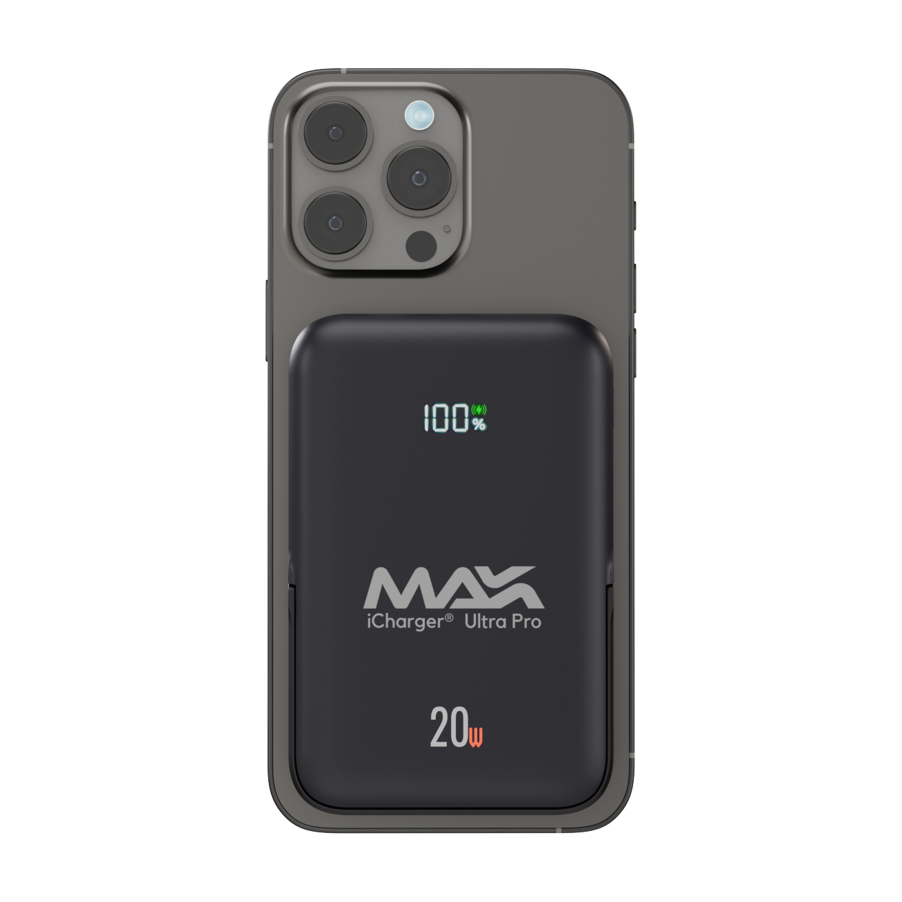 DarkNight iCharger MAX Ultra Pro 10,000mAh MagSafe compatible portable battery with stand feature and visible charging coil, optimized for iPhone and Samsung.