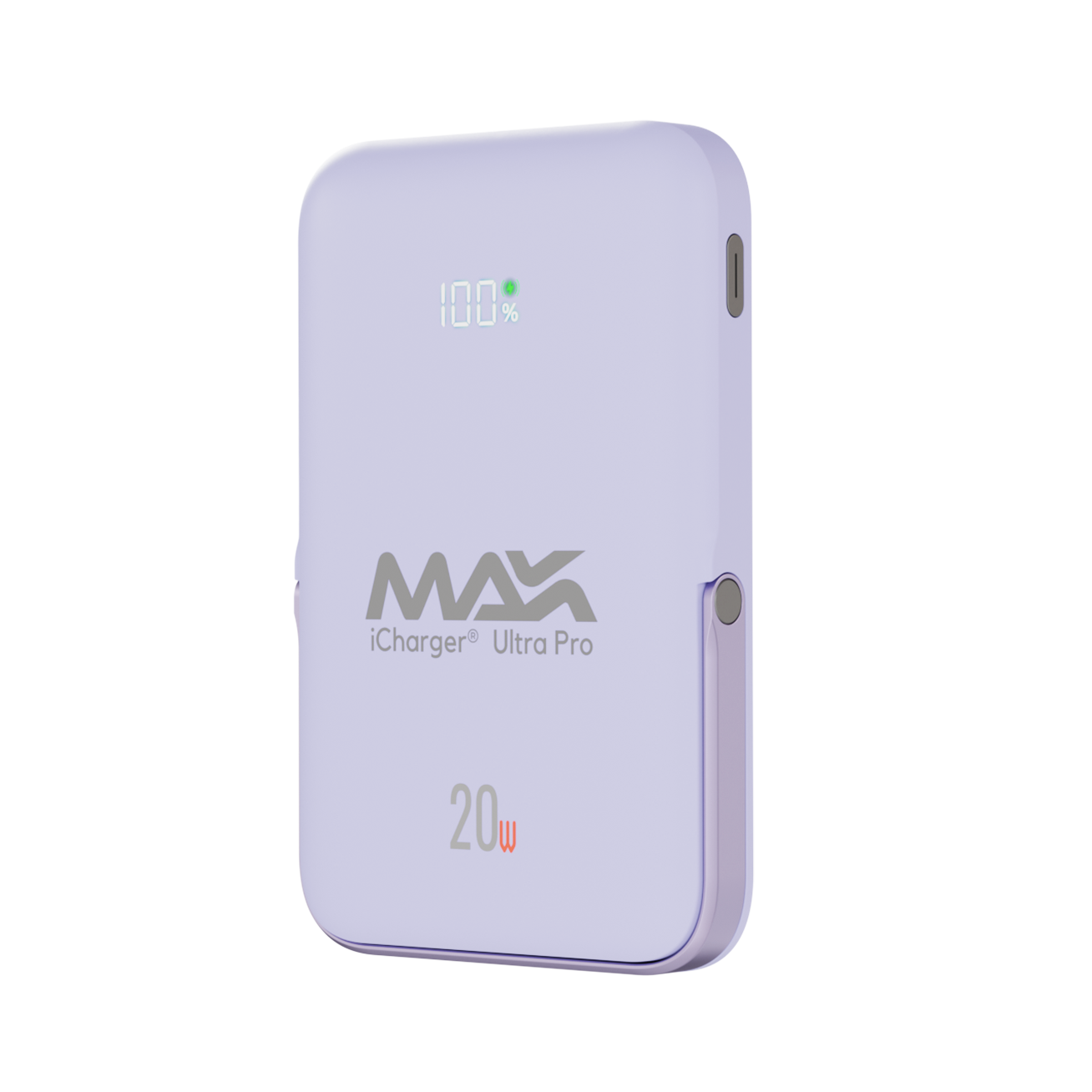 Skypur-colored iCharger MAX Ultra Pro 10,000mAh battery with 20W power and 100% charge indicator, for fast wireless charging.