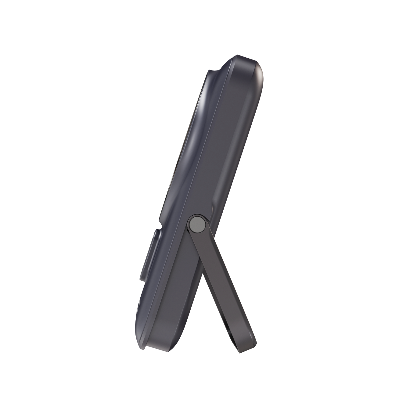 Side profile of the black iCharger MAX Ultra Pro with stand unfolded, showcasing slim design and USB-C port, ideal for mobile charging.