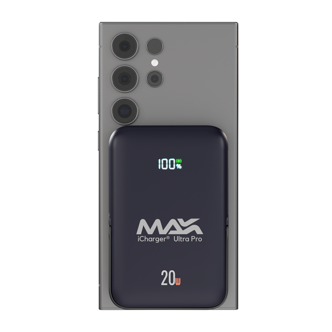 DarkNight iCharger MAX Ultra Pro 10,000mAh MagSafe compatible portable battery with stand feature and visible charging coil, optimized for iPhone and Samsung.