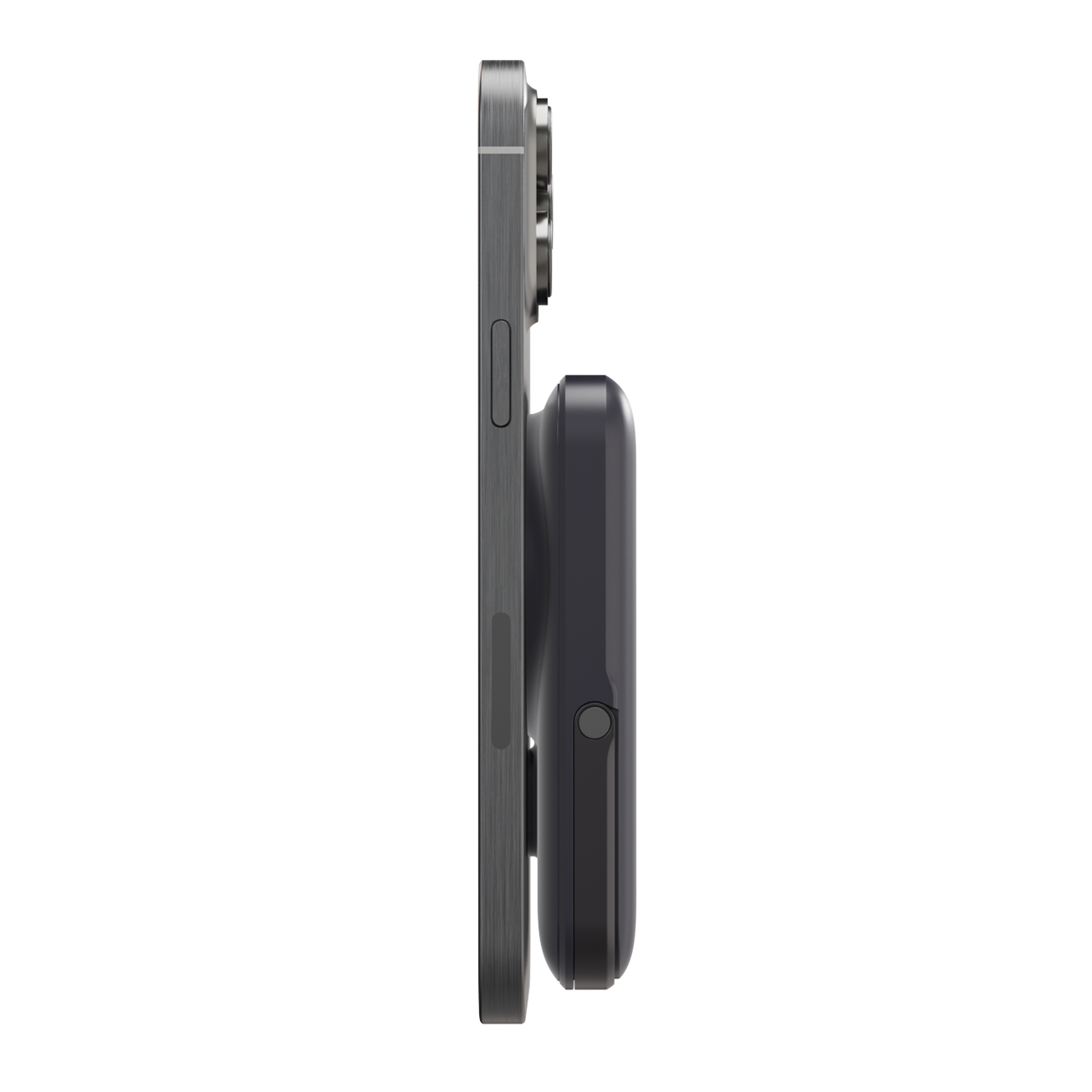 Black iCharger MAX Ultra Pro with MagSafe compatible charging ring and integrated stand, side USB-C charging port, for fast wireless charging.