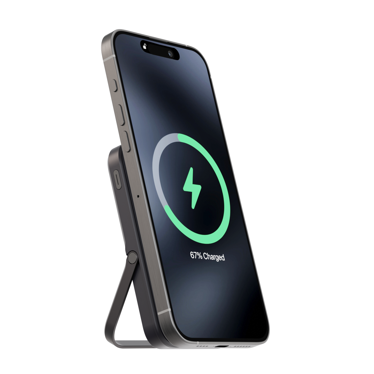 iPhone 15 pro max magsafe animation charging on a DarkNight iCharger MAX Ultra Pro 10,000mAh MagSafe compatible portable battery with stand feature and visible charging coil, optimized for iPhone and Samsung.