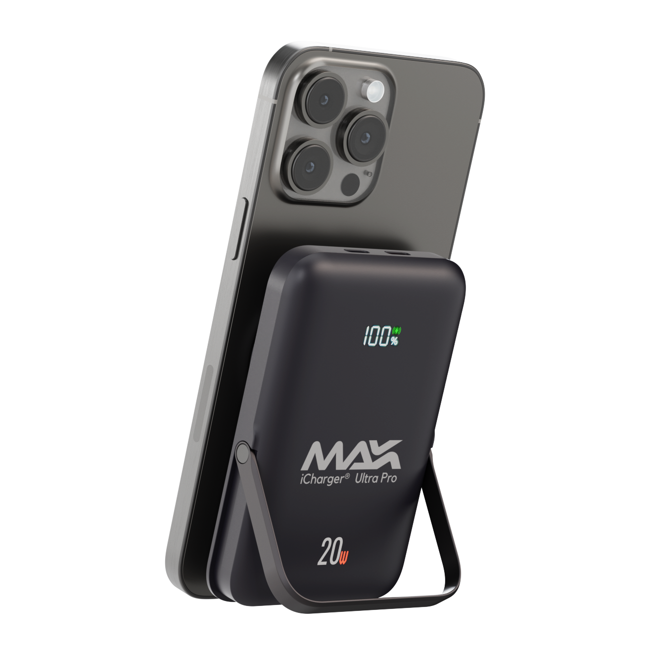 iPhone 15 pro max magsafe animation charging on a DarkNight iCharger MAX Ultra Pro 10,000mAh MagSafe compatible portable battery with stand feature and visible charging coil, plus digital display - optimized for iPhone and Samsung.
