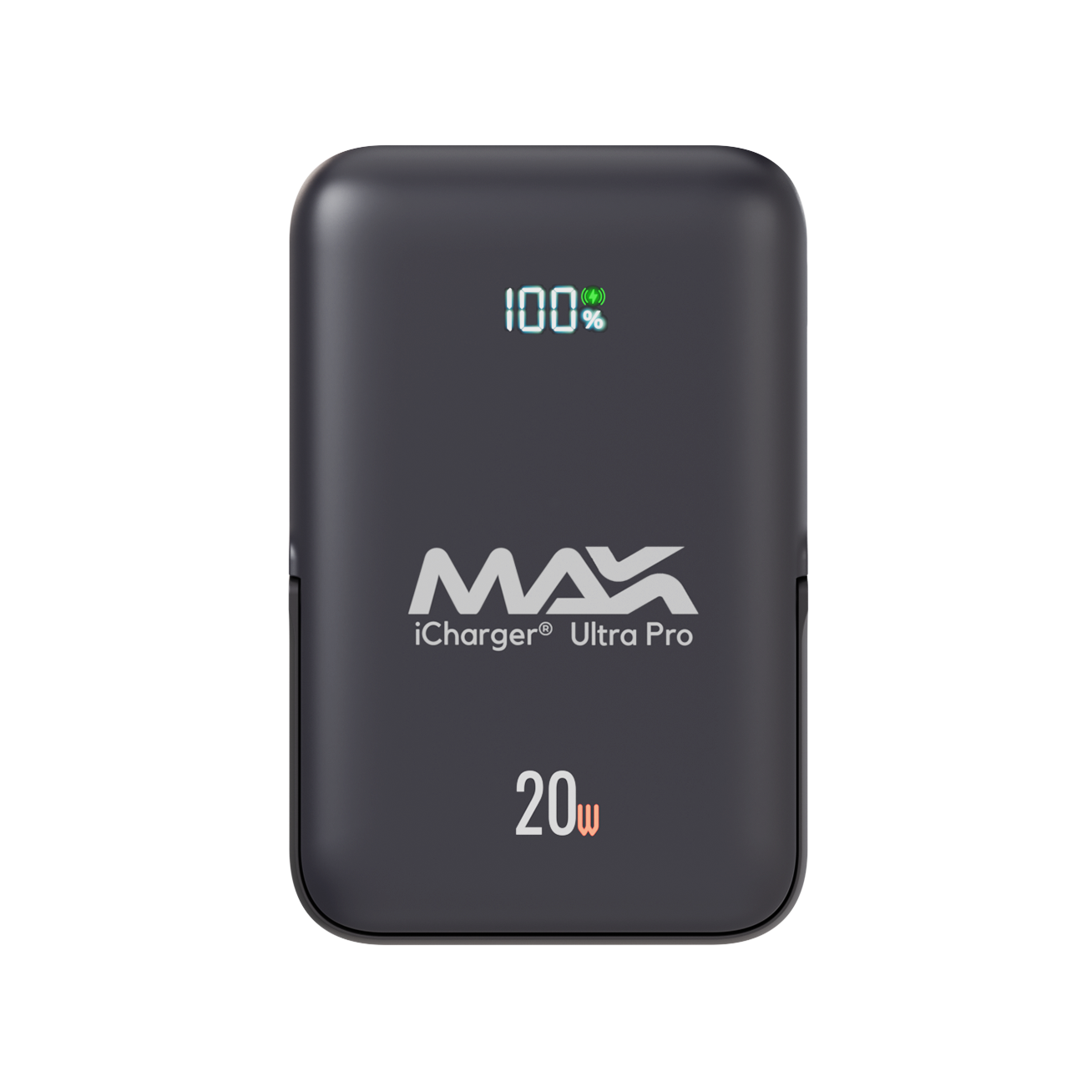 Zwarte iCharger MAX Ultra Pro 10.000mAh MagSafe compatibele draagbare batterij met standfunctie en zichtbare oplaadspoel, geoptimaliseerd voor iPhone en Samsung.
