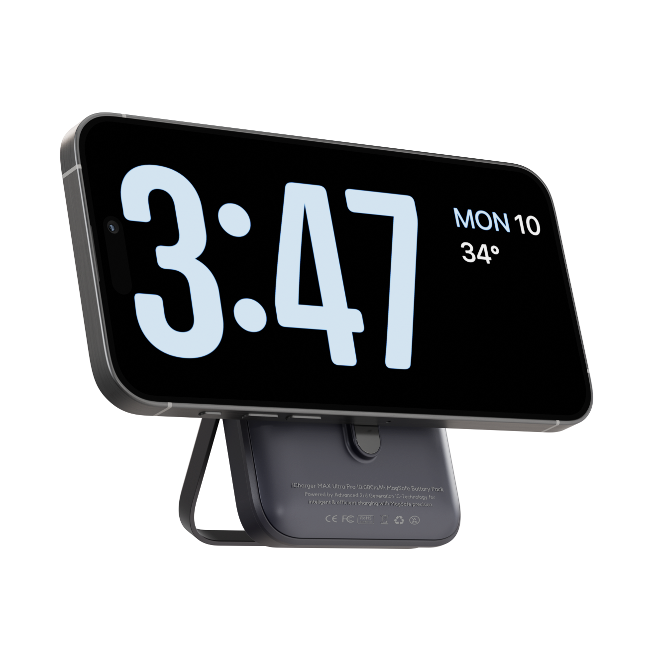 iPhone 15 pro max ios 17 stand by mode with magsafe animation charging on a DarkNight iCharger MAX Ultra Pro 10,000mAh MagSafe compatible portable battery with stand feature and visible charging coil, optimized for iPhone and Samsung.